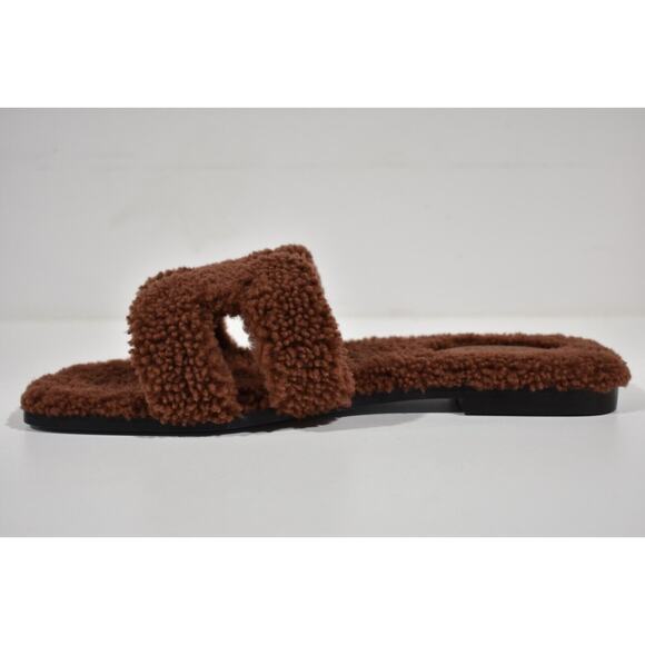Hermes Oran Teddy Shearling Fur Brown H Logo Slide Sandal Mule Flat Flip Flop 38 - Picture 8 of 12